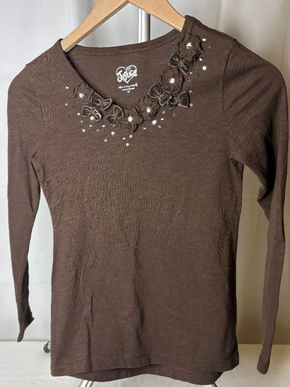 Vintage Justice Brown W/Bows/Flowers/Sequin Long Sleeve Shirt Size 10 Girl's EUC